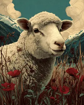 Young Sheep in the Hills Farm Animal Art Print - 8"x10" Artwork