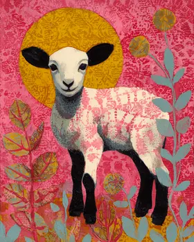Batik Style Lamb Farm Animal Art Print - 8"x10" Artwork