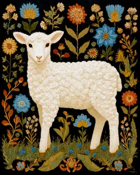 Lamb with Flower Background Farm Animal Art Print - 8"x10" Artwork