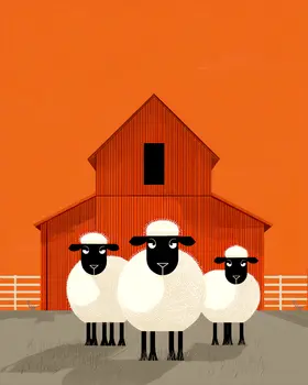 Mid-Century Modern Sheep and Barn Farm Animal Art Print - 8"x10" Artwork
