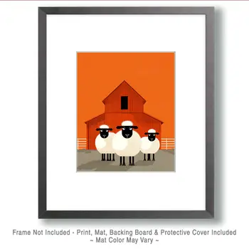 Mid-Century Modern Sheep and Barn Farm Animal Art Print - 8"x10" Artwork