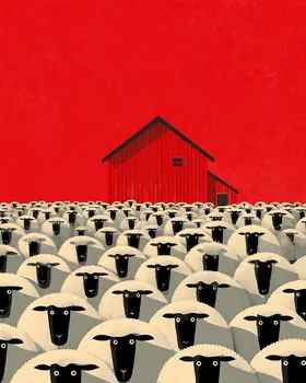 Mid-Century Modern Blackface Sheep Herd Farm Animal Art Print - 8"x10" Artwork