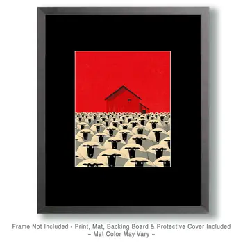 Mid-Century Modern Blackface Sheep Herd Farm Animal Art Print - 8"x10" Artwork