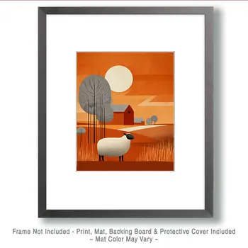 Mid-Century Modern Blackface Sheep in Field Farm Animal Art Print - 8"x10" Artwork