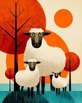 Fat Mid-Century Modern Blackface Sheep Farm Animal Art Print - 8"x10" Artwork