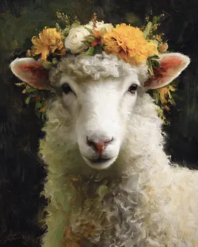 Sheep with Flower Crown Farm Animal Art Print - 8"x10" Artwork