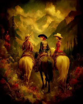 Vintage Three Cowgirls on Morning Ride Western Art Print - 8"x10" Artwork