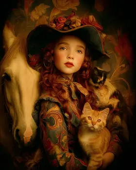 Young Cowgirl and her Dog, Cat, & Horse Western Art Print - 8"x10" Artwork