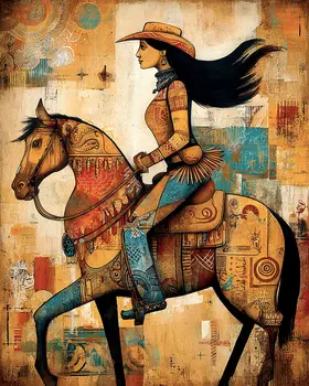 Cool Cowgirl on Her Horse Western Art Print - 8"x10" Artwork