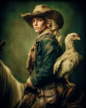 Cowgirl and Chicken on Horse Western Art Print - 8"x10" Artwork