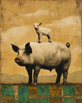 Kid Goat on Pig Vintage Wildlife Art Prints - 8"x10" Artwork