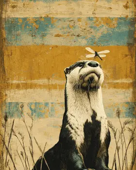 Otter Watching Dragonfly Vintage Wildlife Art Prints - 8"x10" Artwork