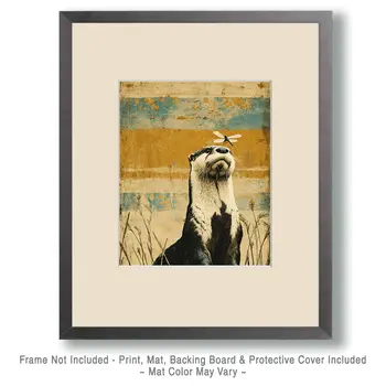 Otter Watching Dragonfly Vintage Wildlife Art Prints - 8"x10" Artwork