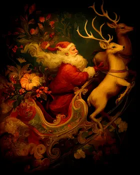 Nouveau Santa Claus and Reindeer Christmas Art Print - 8"x10" Artwork