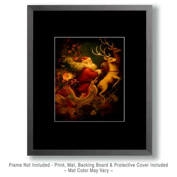 Nouveau Santa Claus and Reindeer Christmas Art Print - 8"x10" Artwork