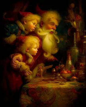 Vintage Nouveau Santa Claus and Children Christmas Art Print - 8"x10" Artwork