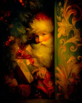 Vintage Nouveau Santa Claus Peeking Out Christmas Art Print - 8"x10" Artwork