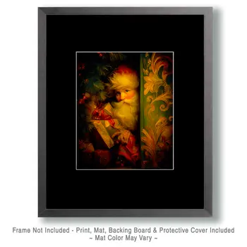 Vintage Nouveau Santa Claus Peeking Out Christmas Art Print - 8"x10" Artwork