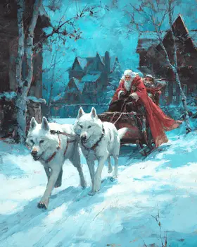 Santa Claus Sleigh Pulled by Wolves Christmas Art Print - 8"x10" Artwork