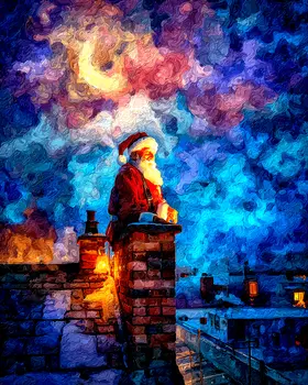 Impressionist Santa Claus on Roof Christmas Art Print - 8"x10" Artwork