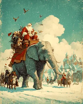 Santa Claus Rides an Elephant Christmas Art Print - 8"x10" Artwork