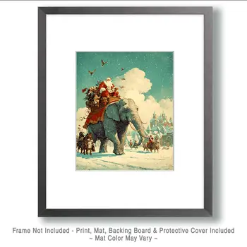 Santa Claus Rides an Elephant Christmas Art Print - 8"x10" Artwork