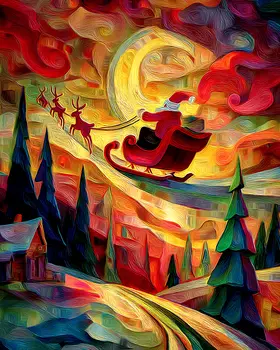 Nouveau Santa Claus in Sleigh Christmas Art Print - 8"x10" Artwork