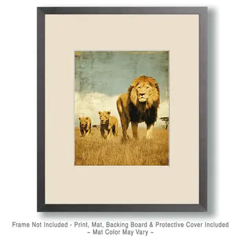 African Lion with Two Cubs Big Cats Art Print - 8"x10" Artwork