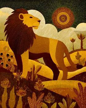 African Lion Folk Art Big Cats Art Print - 8"x10" Artwork