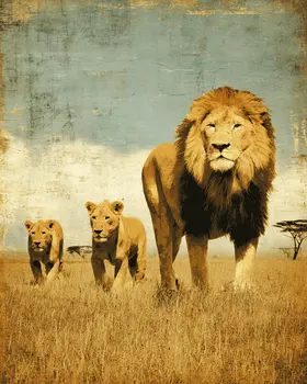 African Lion with Two Cubs Big Cats Art Print - 8"x10" Artwork
