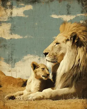 African Lion with Cub Big Cats Art Print - 8"x10" Artwork