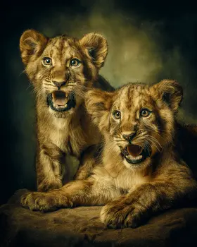 Two African Lion Cubs Practicing Their Roars Big Cats Art Print - 8"x10" Artwork
