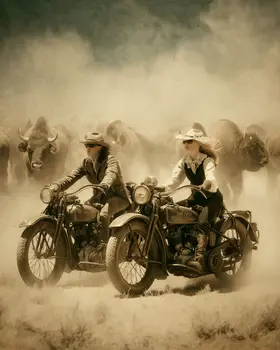 Motorcycles & Bison American West Art Print - 8"x10" Artwork
