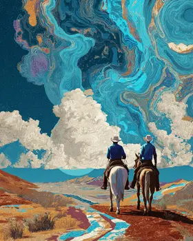 Cowboys Ride Under Marbled Sky American West Art Print - 8"x10" Artwork