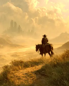 Cowboy Riding Towards the Big City American West Art Print - 8"x10" Artwork