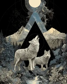 Abstract Wolves at Night American West Art Print - 8"x10" Artwork