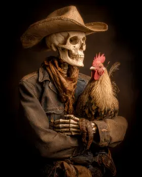 Cowboy Skeleton & Chicken American West Art Print - 8"x10" Artwork