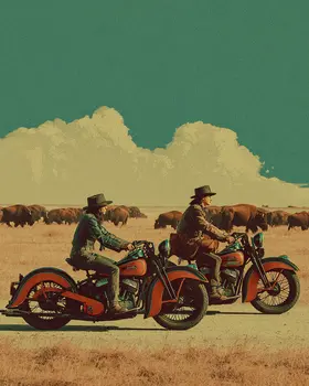 Early Motorbikes & Bison American West Art Print - 8"x10" Artwork