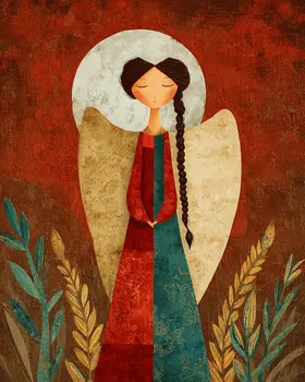 Folk Art Angel at Night - Angelic Art Print - 8"x10" Artwork