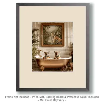 Tiger Cubs enjoying a Bath Bathroom Decor Art Print - 8"x10" Artwork