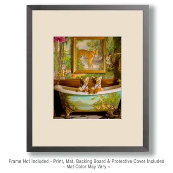 Tiger Cubs Having a Bath Bathroom Decor Art Print - 8"x10" Artwork
