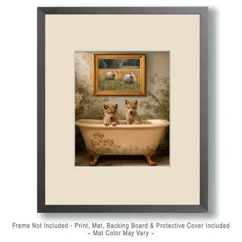 Wolf Cubs Taking a Bath Bathroom Decor Art Print - 8"x10" Artwork