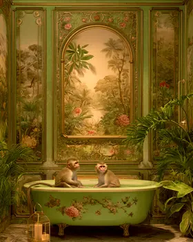 Two Monkeys in Bathtub Bathroom Decor Art Print - 8"x10" Artwork
