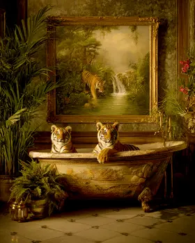 Tiger Cubs in Bathtub Bathroom Decor Art Print - 8"x10" Artwork