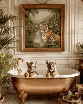 Tiger Cubs enjoying a Bath Bathroom Decor Art Print - 8"x10" Artwork