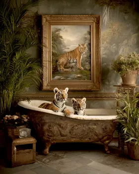 Tiger Cubs Taking a Bath Bathroom Decor Art Print - 8"x10" Artwork