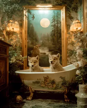Wolf Cubs Having a Bath Bathroom Decor Art Print - 8"x10" Artwork
