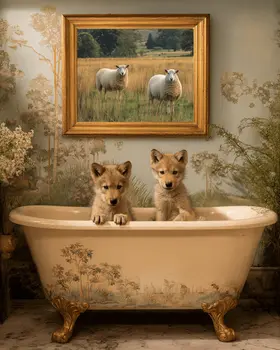 Wolf Cubs Taking a Bath Bathroom Decor Art Print - 8"x10" Artwork