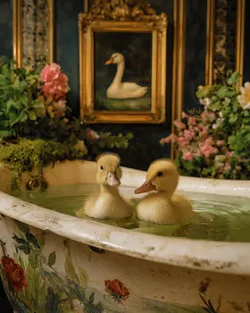 Cygnets Taking a Bath Bathroom Decor Art Print - 8"x10" Artwork