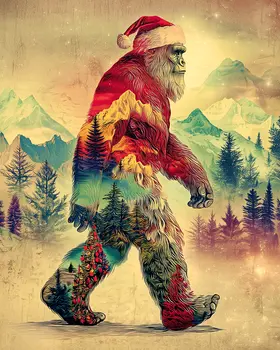 Mountain Walk Bigfoot Santa Claus Christmas Art Print - 8"x10" Artwork